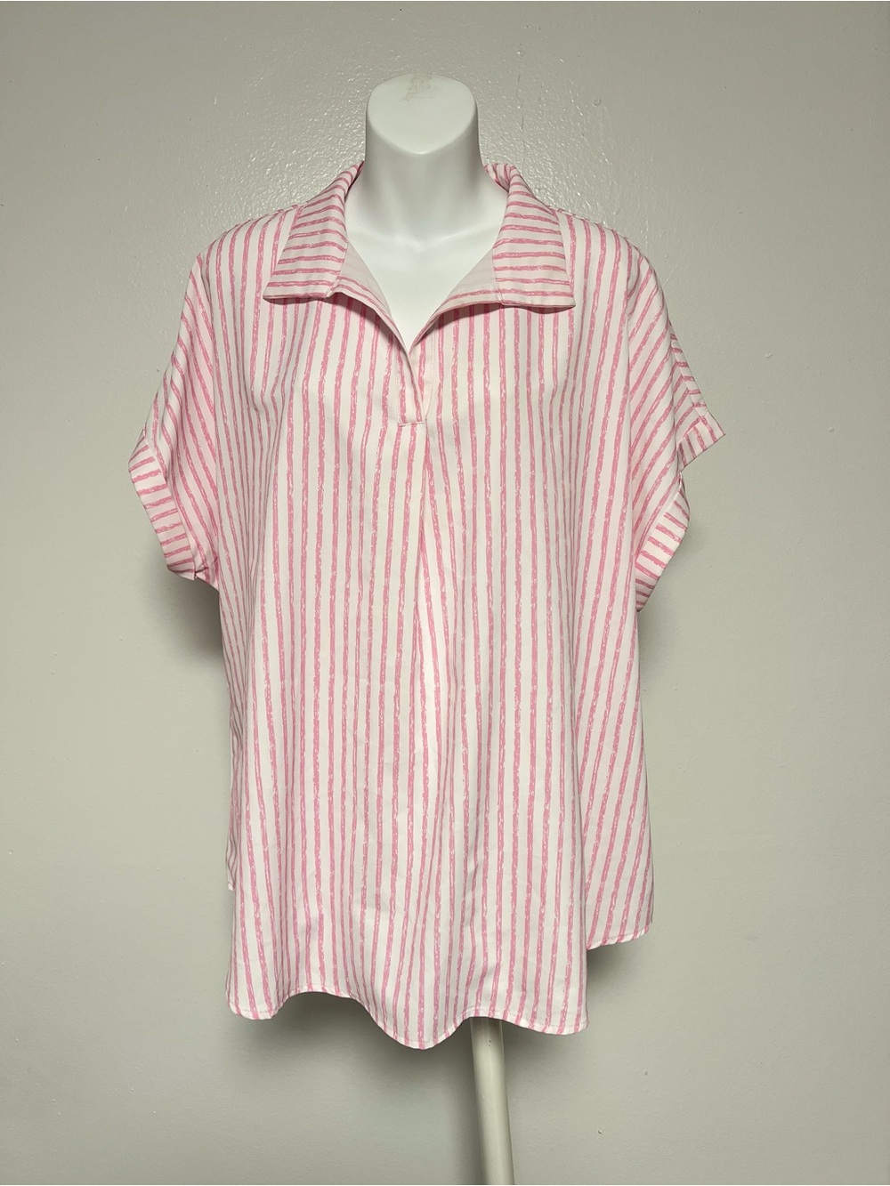 Timeson Women's Pink Stripe Short Sleeve Collared Top Size XL